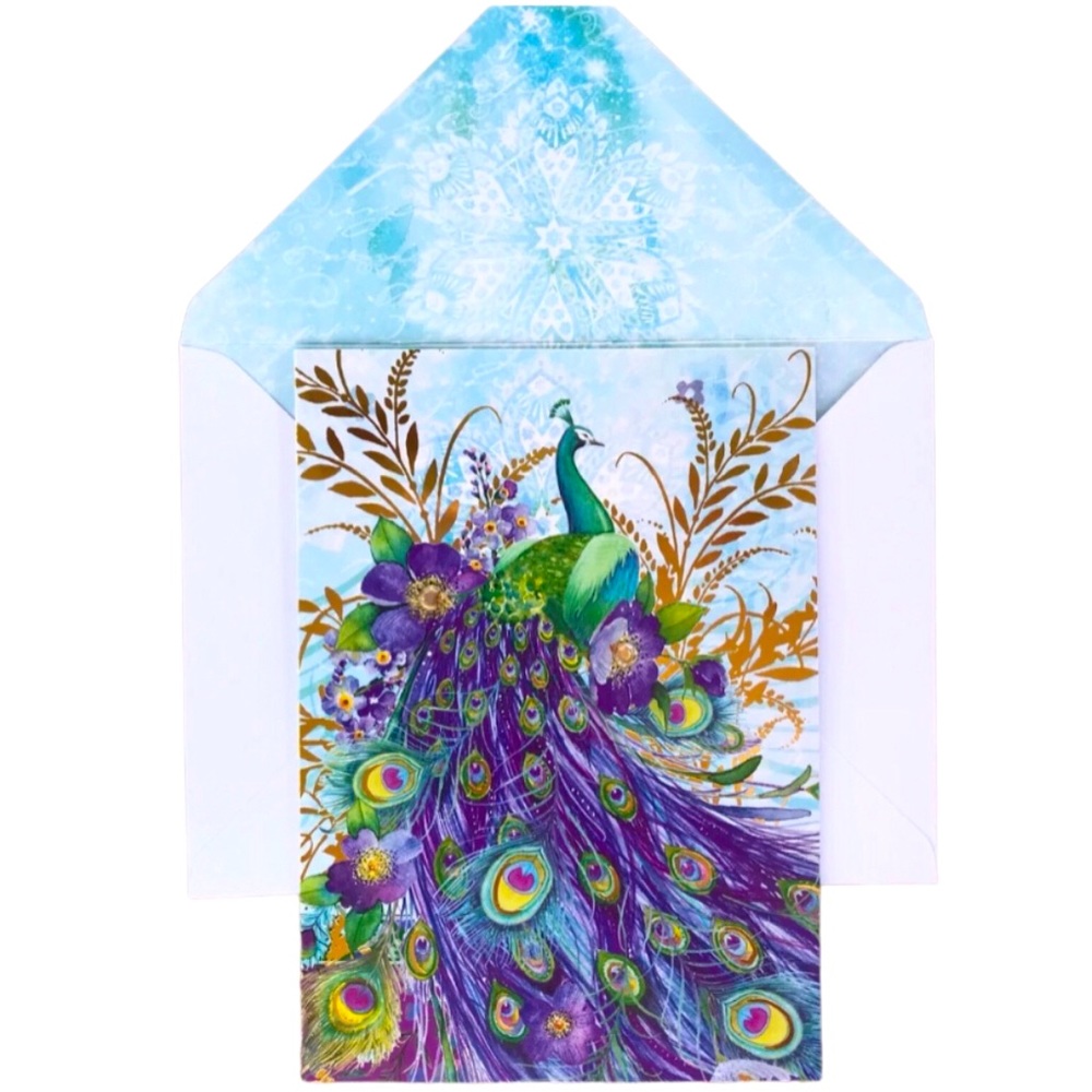 Punch Studio Single Peacock Foil Embellished Blank Card + Env + Seal (16935)